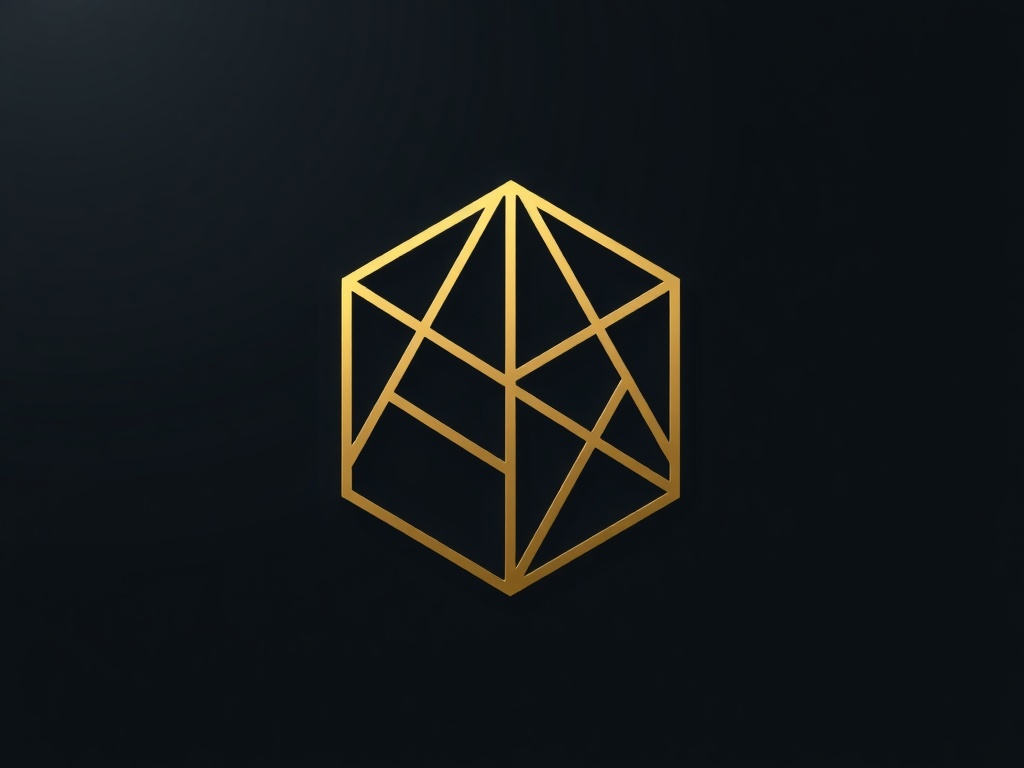 Minimalist geometric icon composed of intersecting golden lines on a dark background, subtle gradient, 3D render, photorealistic, 8k.